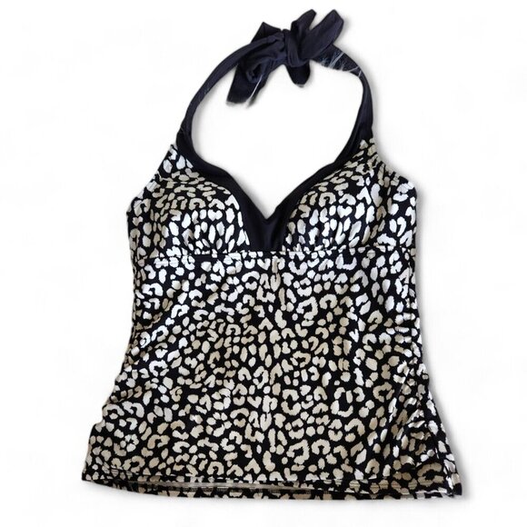 Land's End Women's Tankini Top Size 6 Halter Back Padded Animal Print Black Swim - Picture 1 of 10